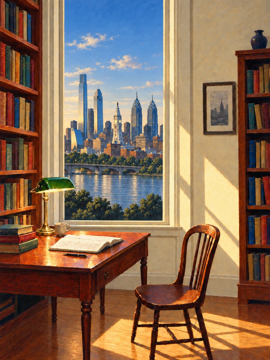 A painting in the manner of Edward Hopper: an empty writer’s study in late-afternoon light, an open manuscript and green-shaded lamp on the desk, the window framing the Philadelphia skyline with City Hall’s tower at its center