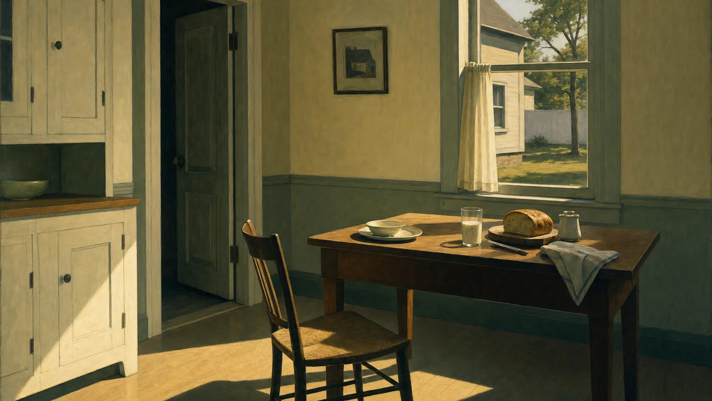 Painting in the style of Edward Hopper of a modest kitchen table set with bread and milk in early morning light