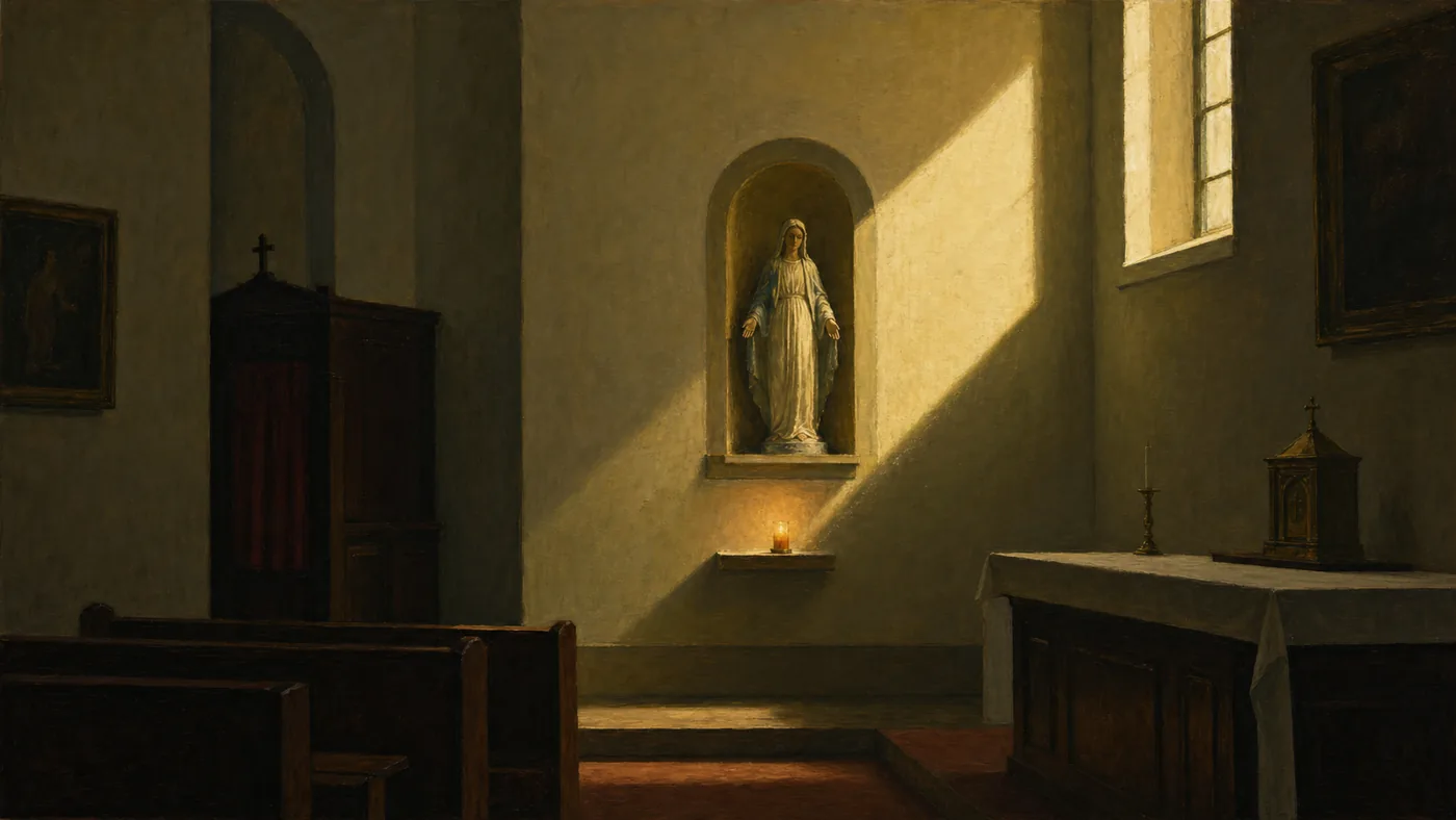Painting in the style of Edward Hopper of a shaft of late-afternoon sunlight falling on a statue of the Virgin Mary in a small chapel