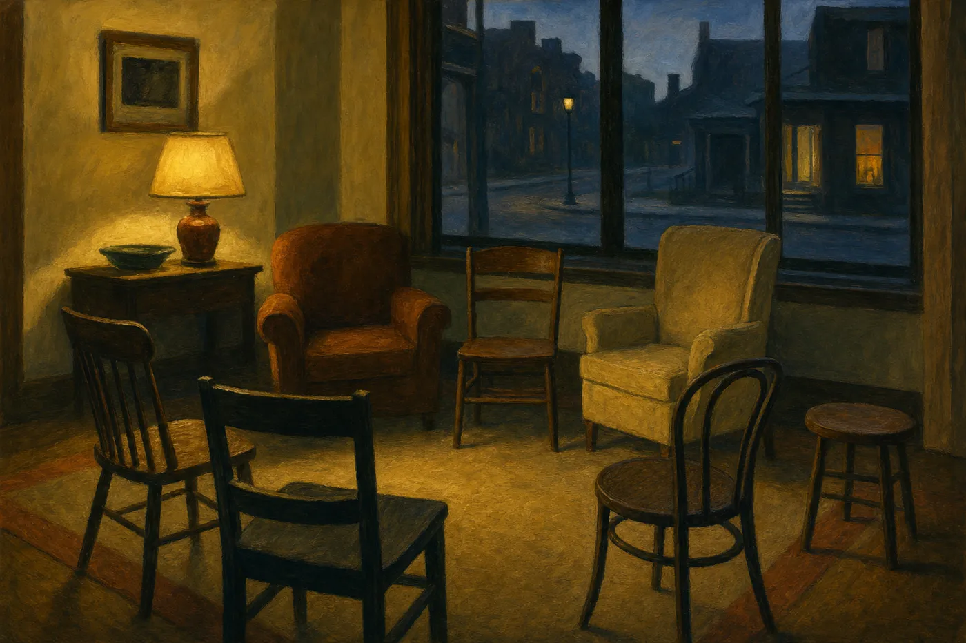 Painting in the style of Edward Hopper of a circle of empty chairs in a warm lamplit living room at dusk
