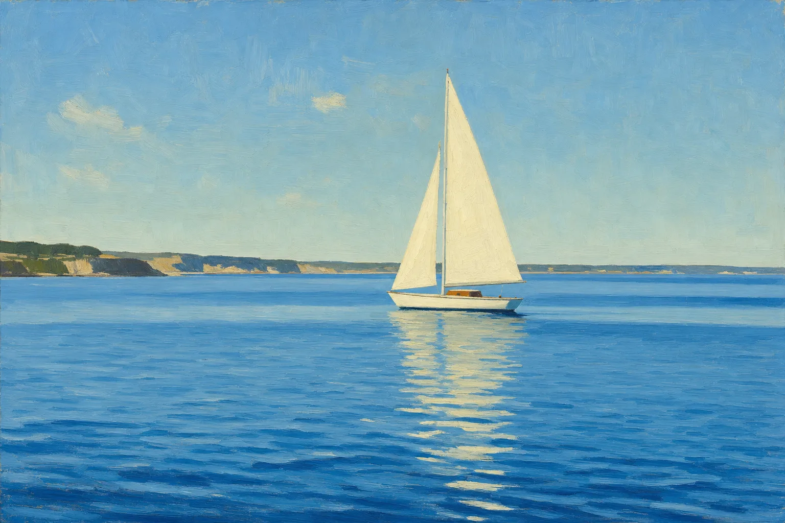 Painting in the style of Edward Hopper of a small white sailboat on calm sunlit water under a clear sky