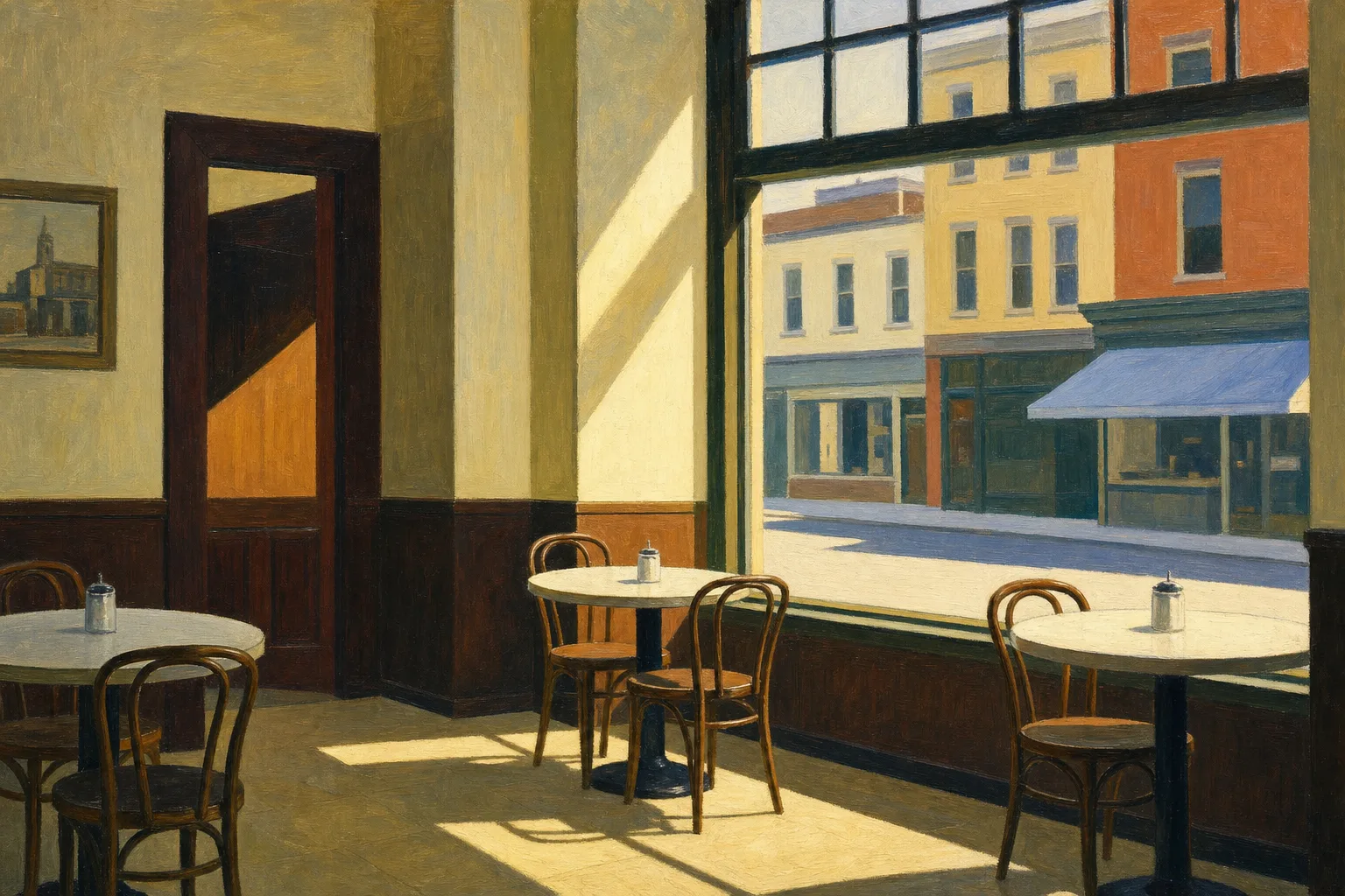 Painting in the style of Edward Hopper of a bright empty cafe with morning light pouring through a storefront window