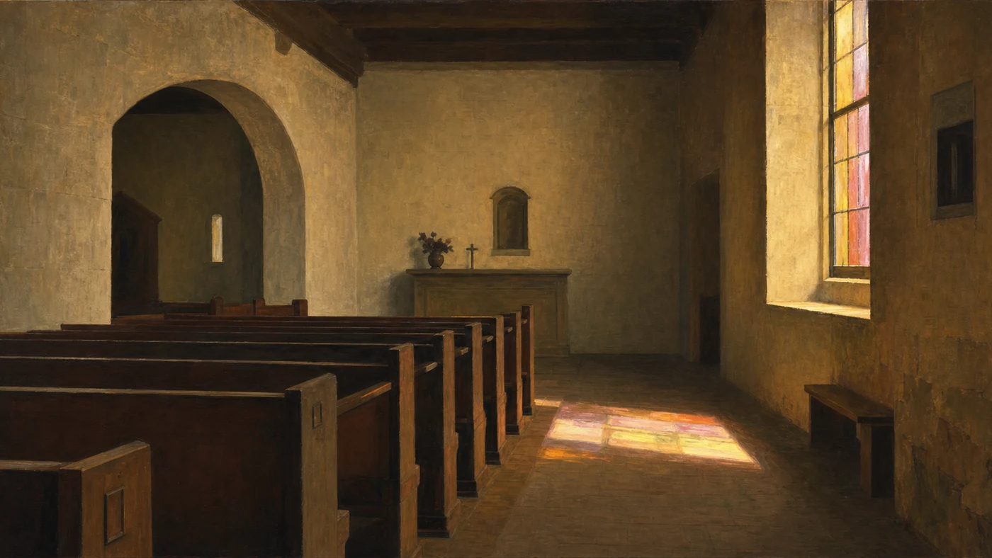 Painting in the style of Edward Hopper of an empty chapel with a shaft of colored light falling across the floor