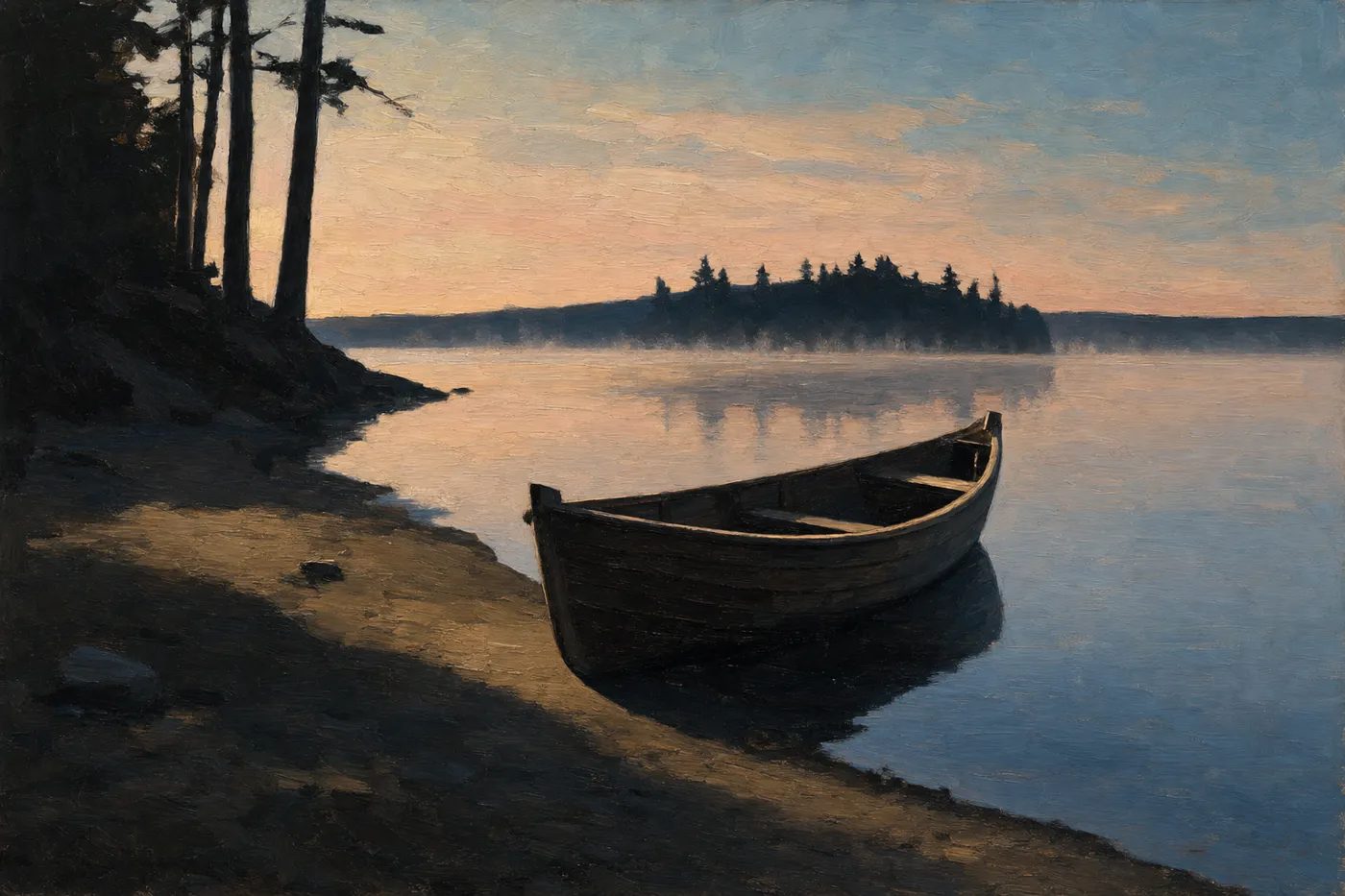 Painting in the style of Edward Hopper of a wooden rowboat resting on a still riverbank at dawn