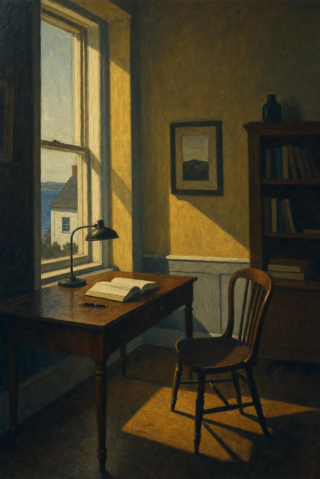 Painting in the style of Edward Hopper of a sunlit writing desk beside a tall window overlooking a coastal house