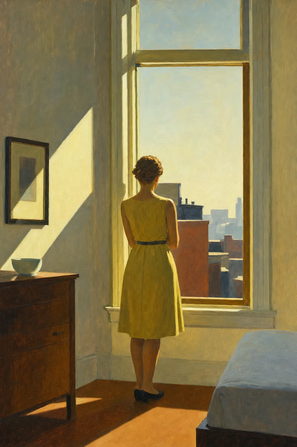 Painting in the style of Edward Hopper of a solitary figure standing at a bright window looking out at morning light