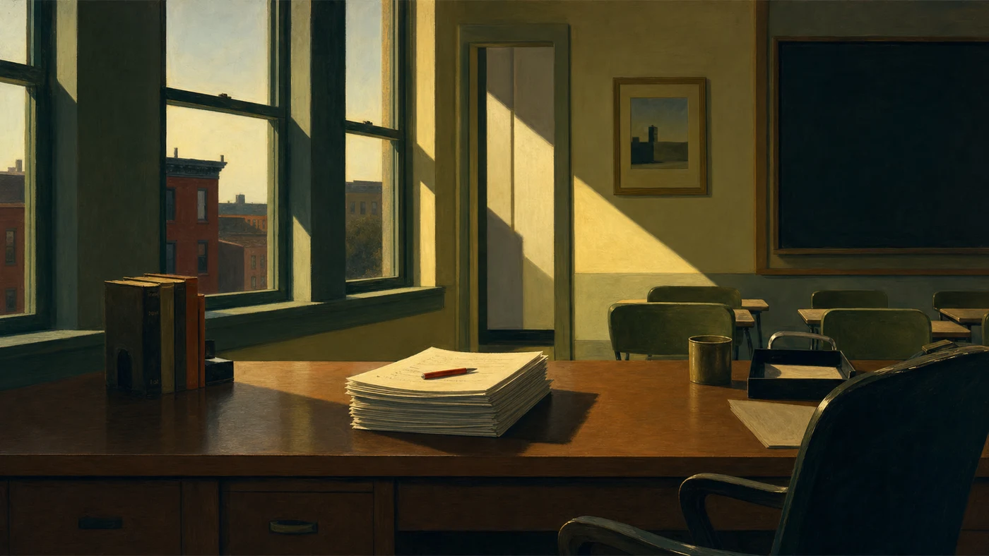 Painting in the style of Edward Hopper of a teacher's desk with a stack of graded papers in late-afternoon classroom light