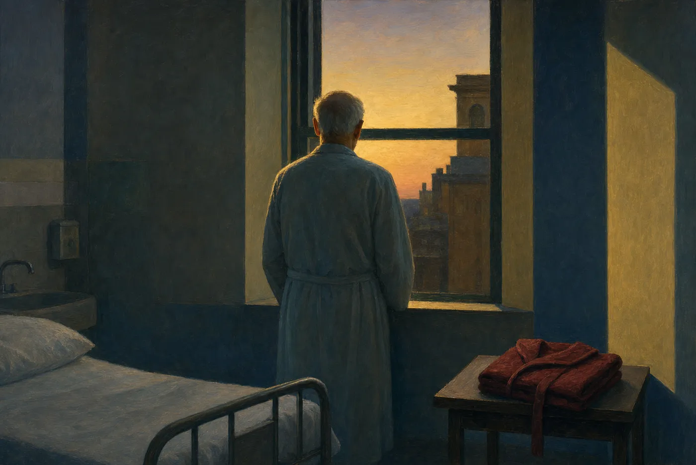 Painting in the style of Edward Hopper of a man in a robe standing at a hospital window at dusk, with a folded robe on a table nearby