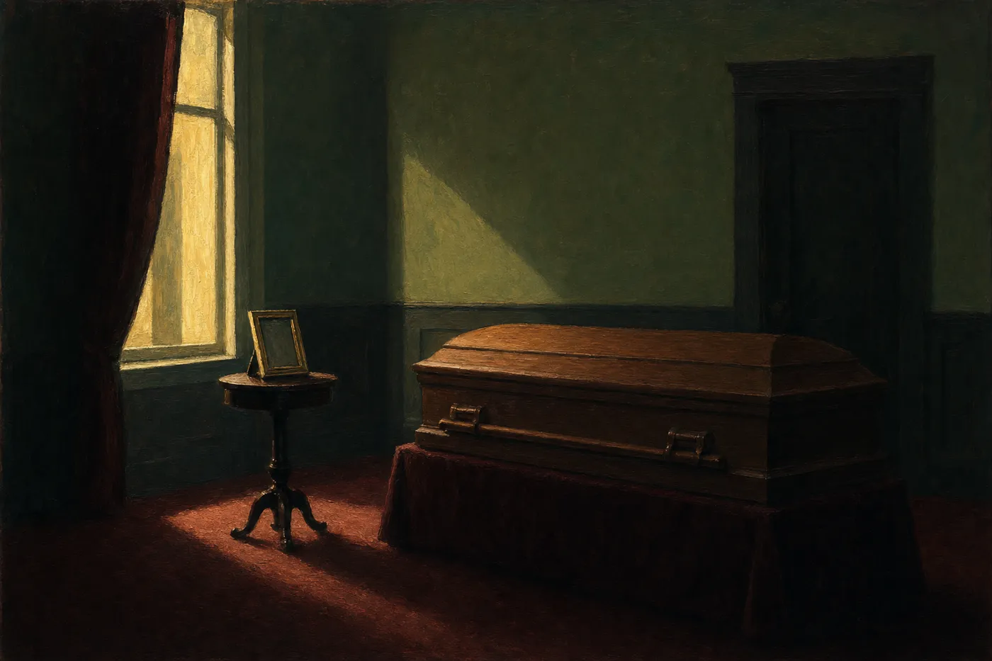 Painting in the style of Edward Hopper of a framed photograph on a small table beside a casket in a quiet room