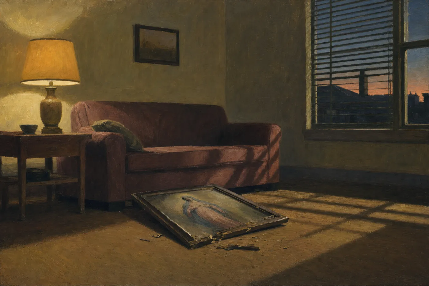 Painting in the style of Edward Hopper of a devotional print fallen on the floor of a dim living room