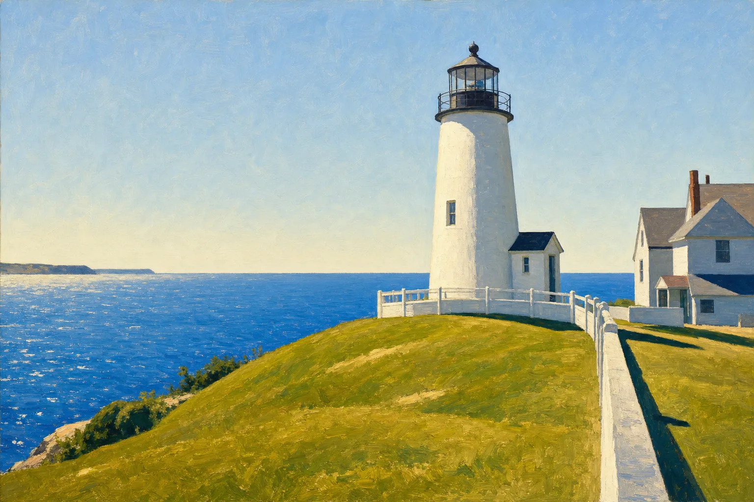 Painting in the style of Edward Hopper of a white lighthouse on a sunny headland under a clear blue sky