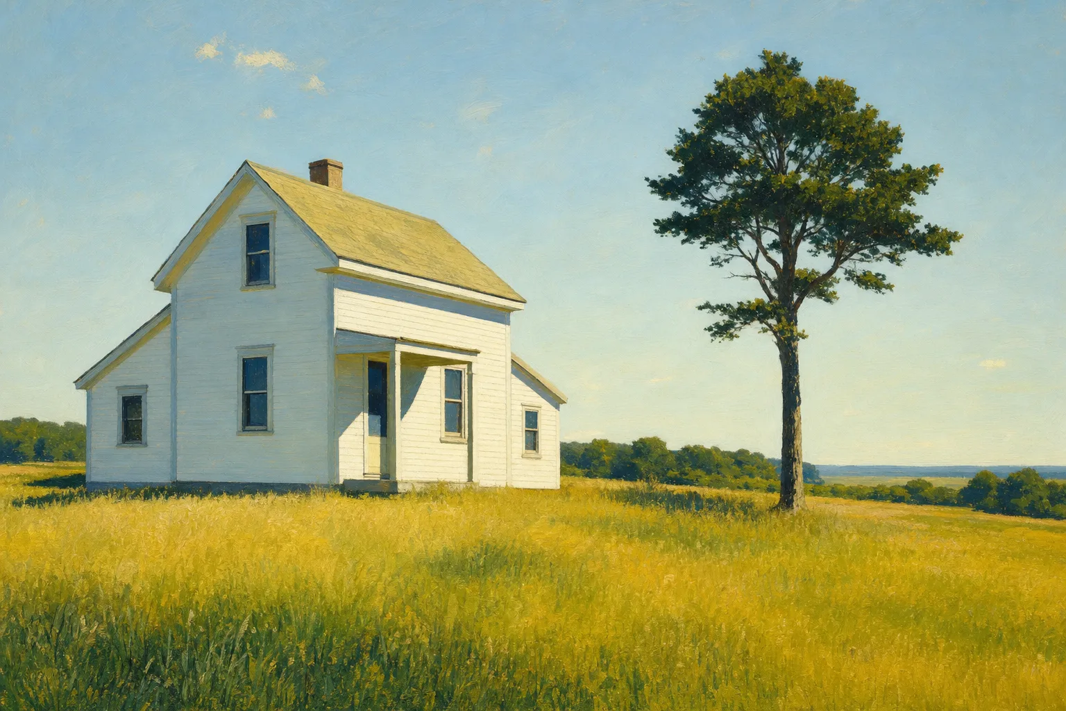 Painting in the style of Edward Hopper of a white clapboard house and a lone tree in a sunlit meadow