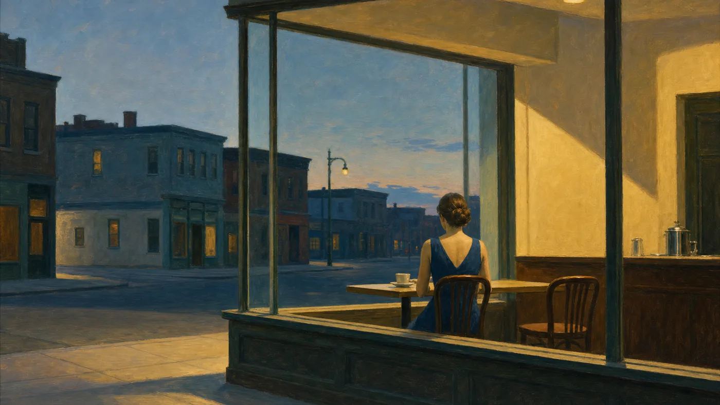 Painting in the style of Edward Hopper of a lone woman seated by the window of a dim cafe at night, warm light spilling onto an empty sidewalk