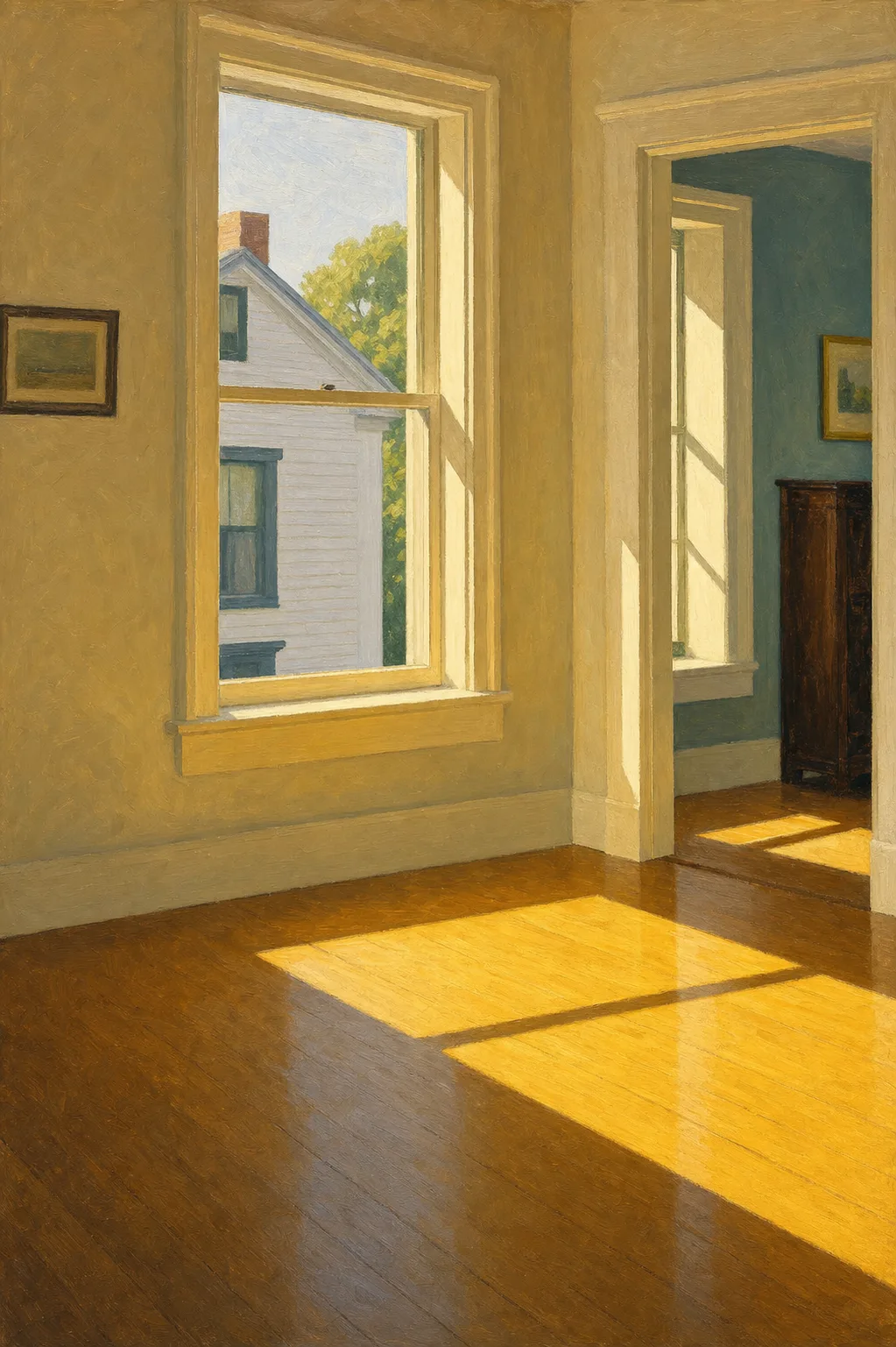 Painting in the style of Edward Hopper of bright morning light streaming through a tall window across a bare wooden floor