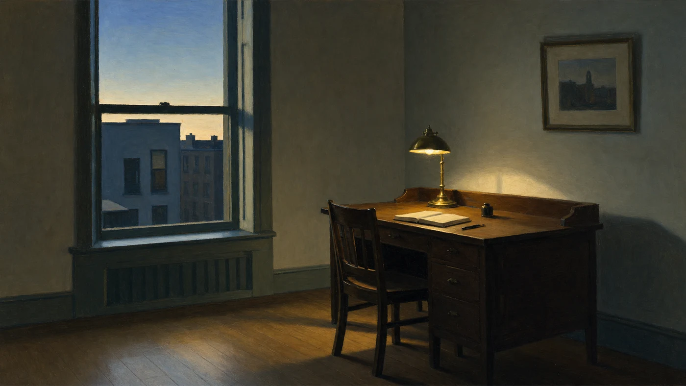 Painting in the style of Edward Hopper of a solitary writing desk with a lit lamp beside a window at dawn