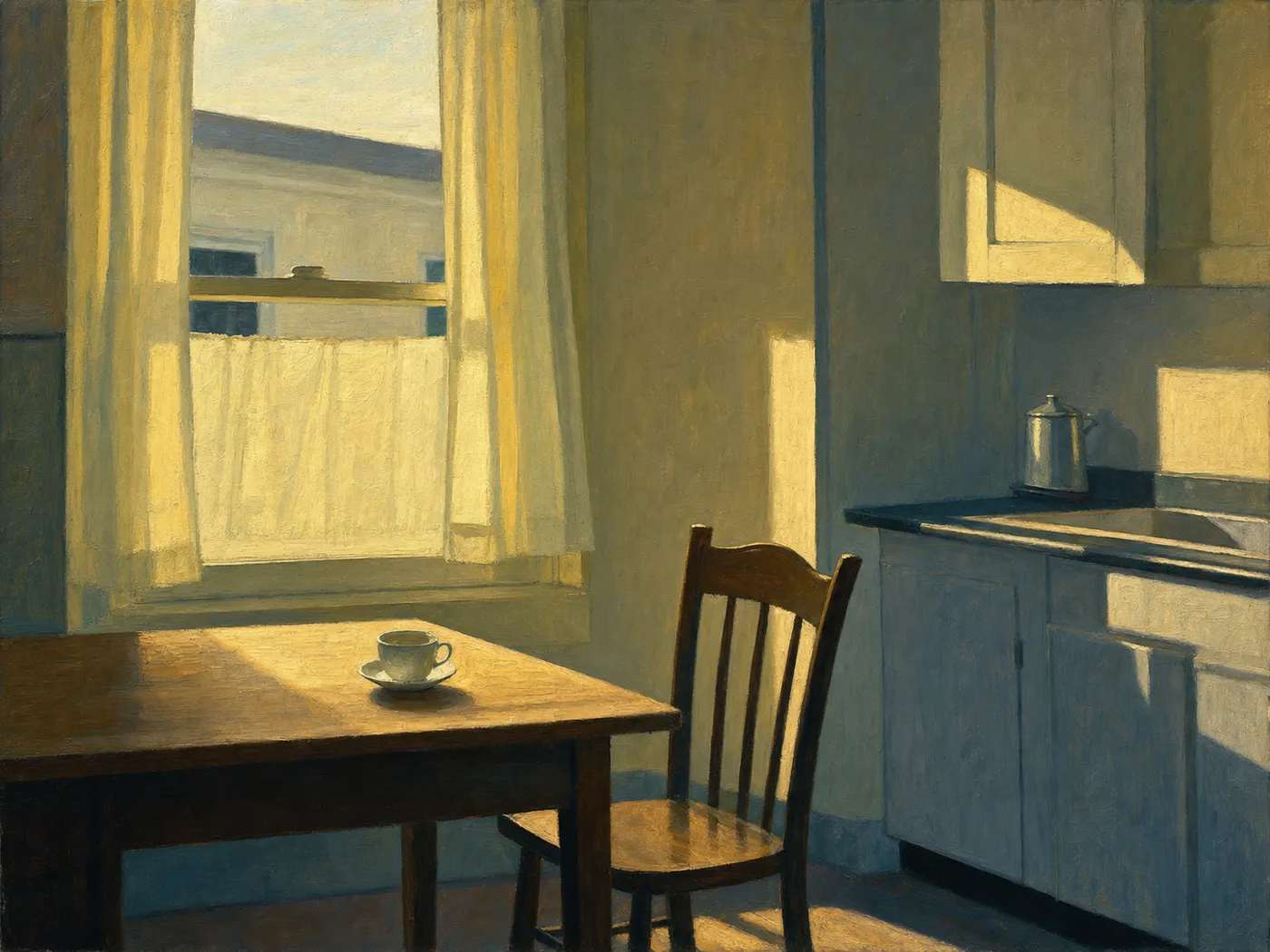 Painting in the style of Edward Hopper of an ordinary kitchen filled with warm early morning light