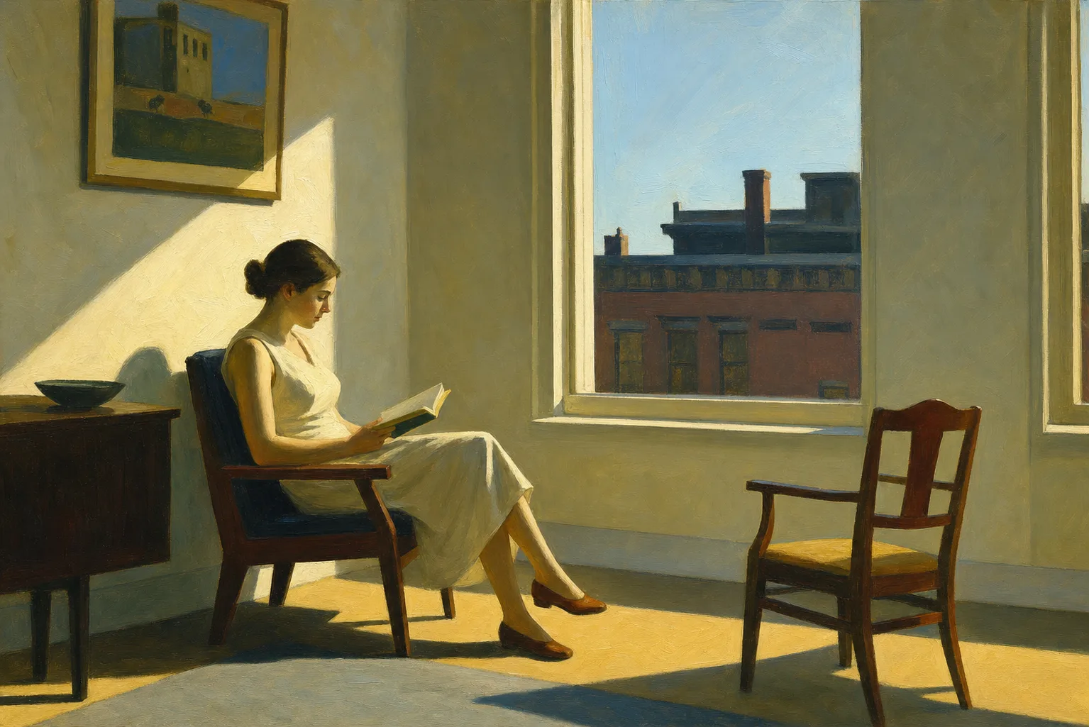 Painting in the style of Edward Hopper of a woman reading alone in a bright sunlit room with a large window