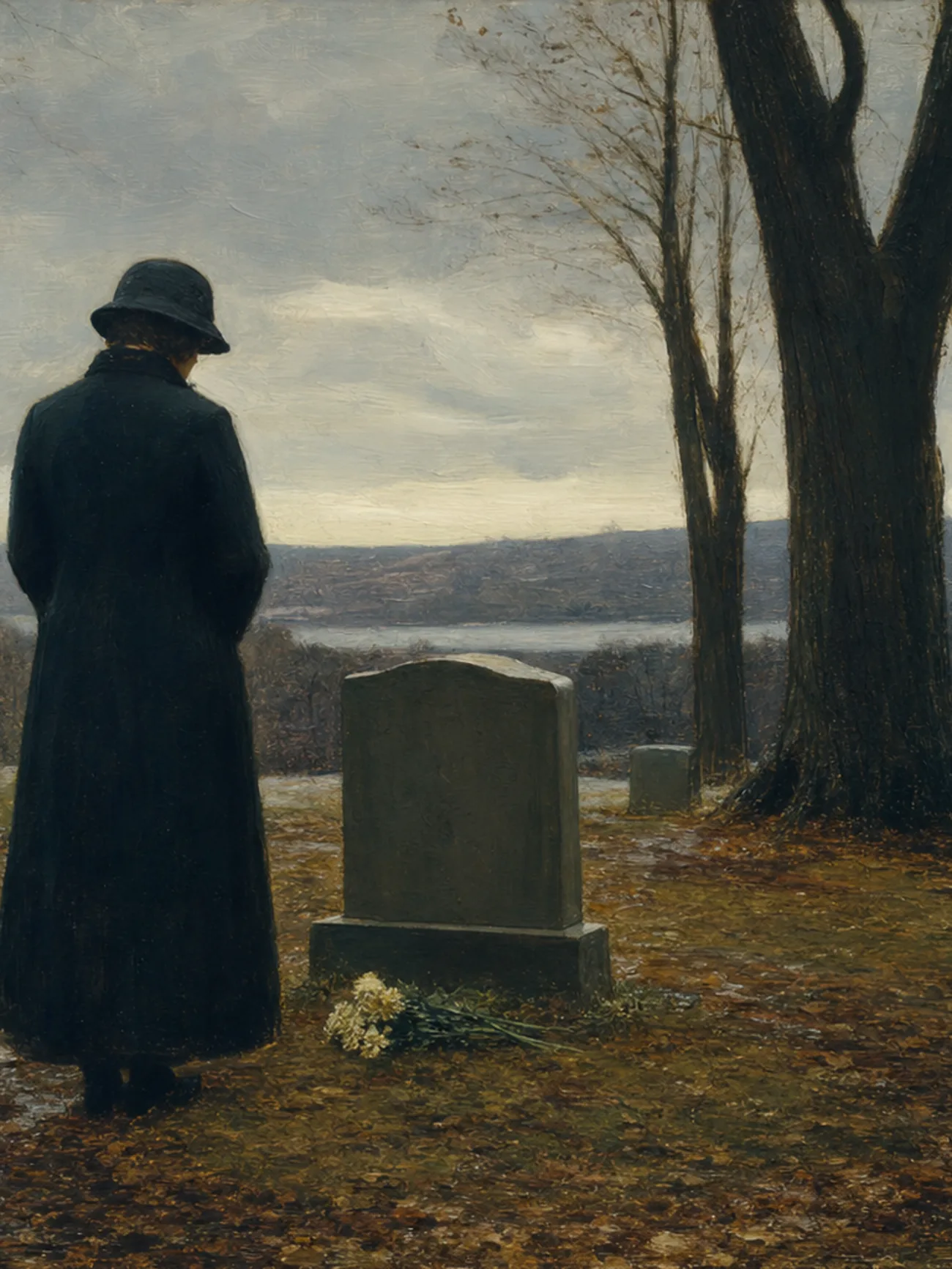 Painting in the style of Edward Hopper of a lone figure standing at a grave in a late autumn cemetery, damp leaves on the ground
