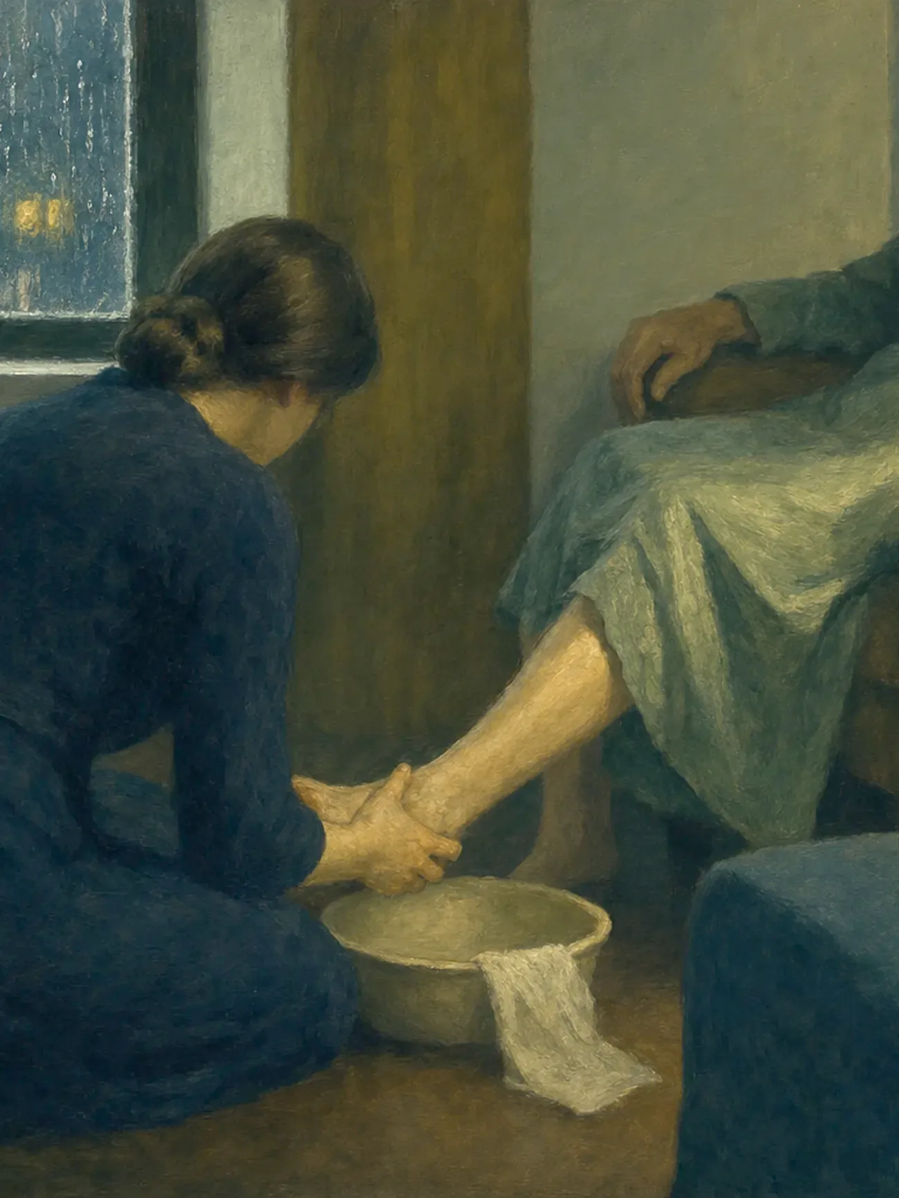 Painting in the style of Edward Hopper of a kneeling caregiver gently tending the foot of an elderly person in a dim domestic interior