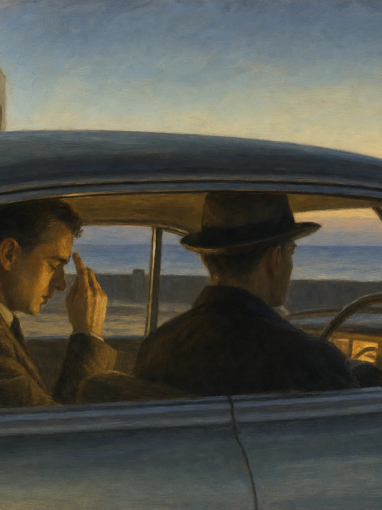 Painting in the style of Edward Hopper of two men seated in a car at dusk, one making the sign of the cross in warm evening light