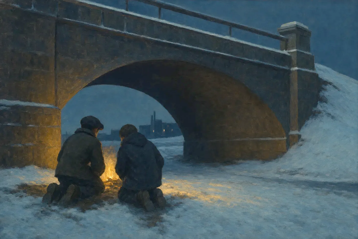 Painting in the style of Edward Hopper of two boys kneeling beside a small fire burning beneath a stone bridge on a winter night