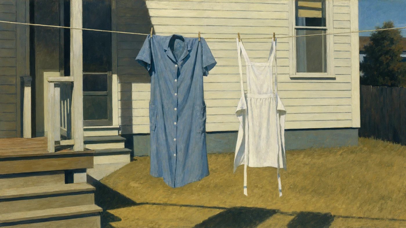 Painting in the style of Edward Hopper of a housedress and apron hanging on a clothesline in a backyard at midday