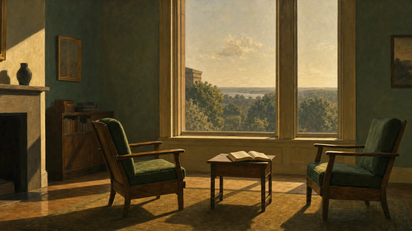 Painting in the style of Edward Hopper of two armchairs facing each other beside a tall window in a quiet study