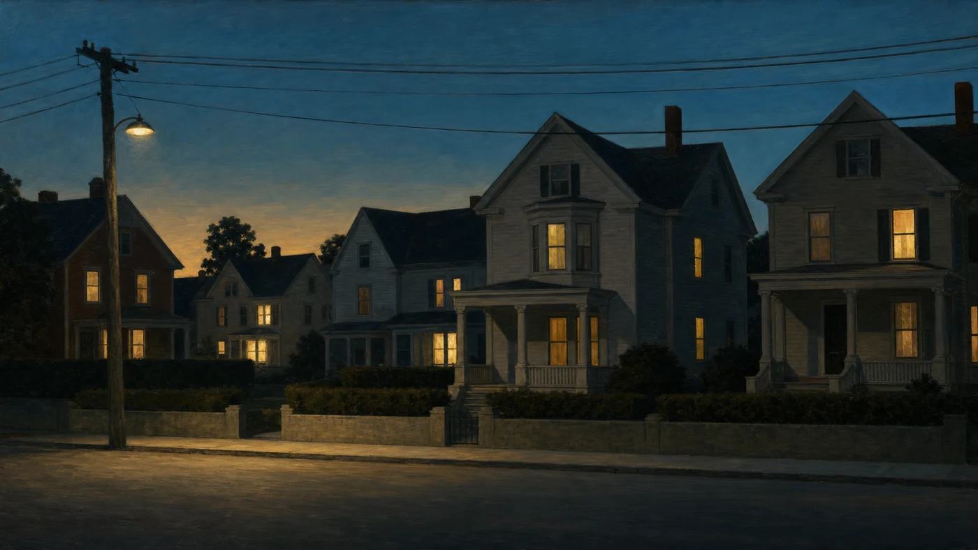 Painting in the style of Edward Hopper of a row of houses at dusk with several windows glowing warmly