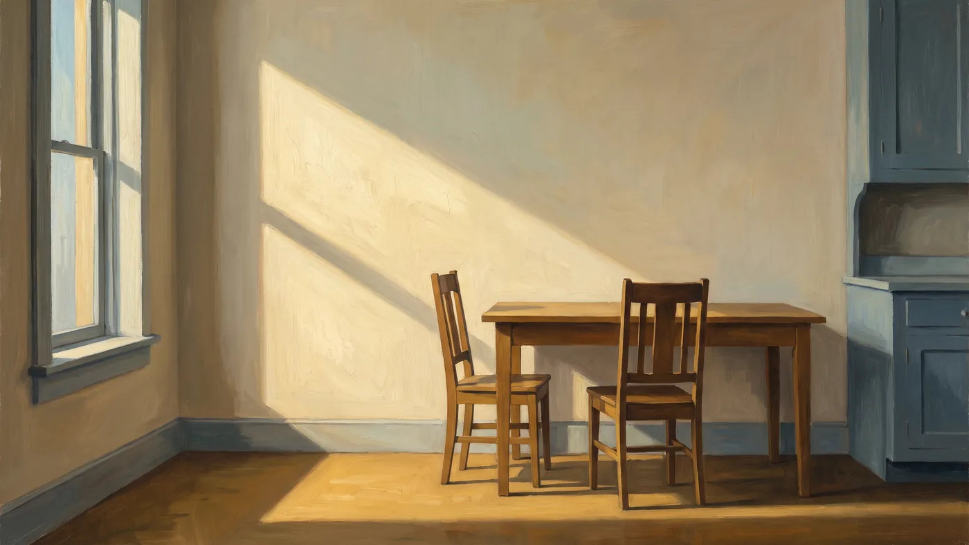 Painting in the style of Edward Hopper of an empty kitchen with a strong diagonal slant of afternoon light falling through a window across the floor and wall