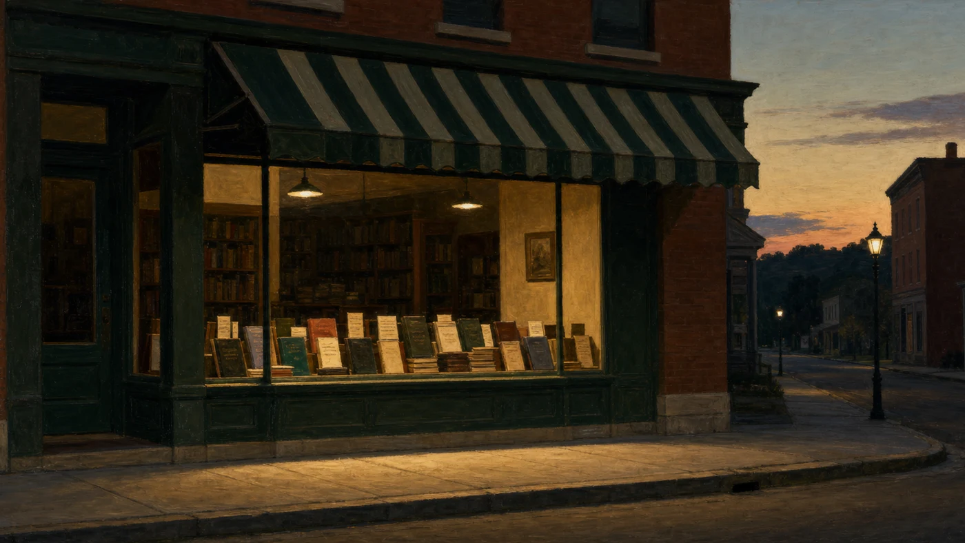 Painting in the style of Edward Hopper of a small independent bookshop storefront glowing with light at dusk