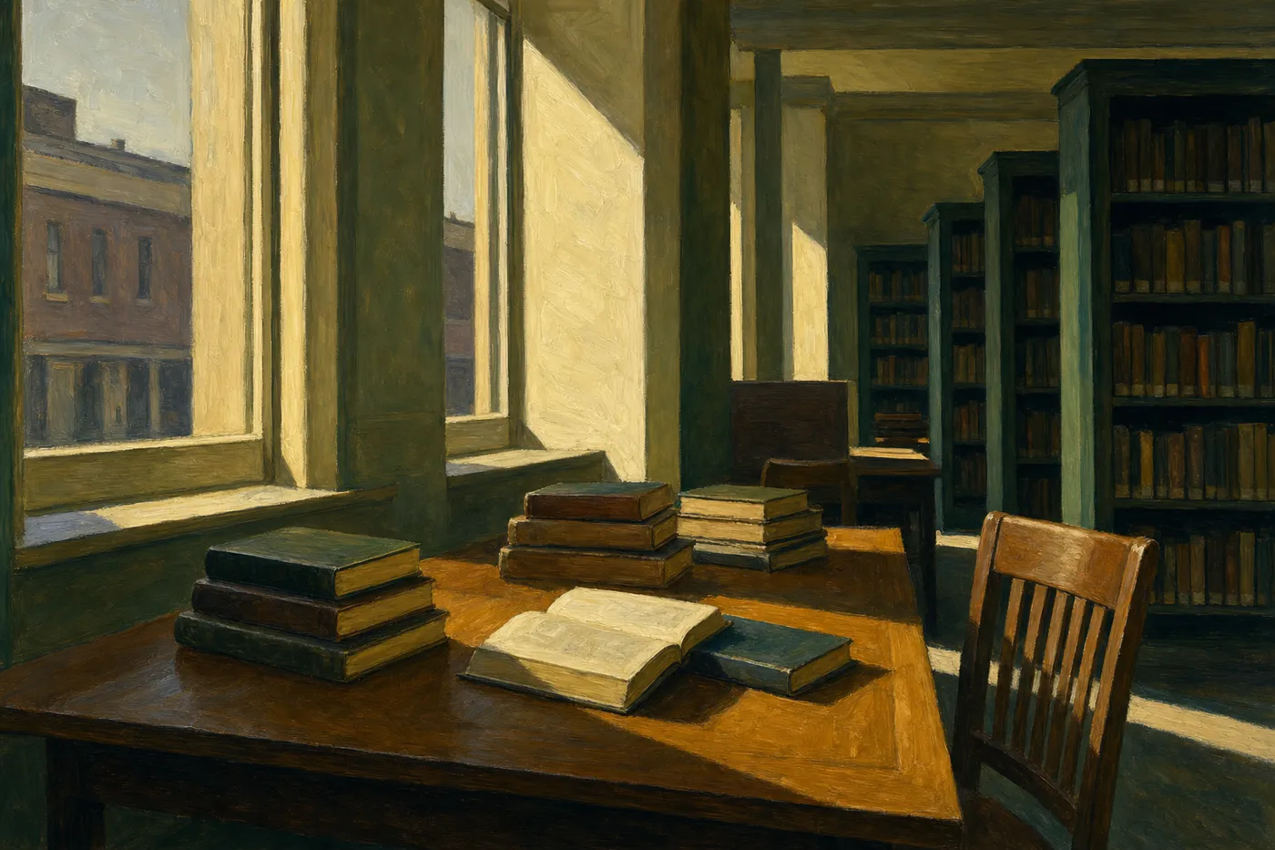 Painting in the style of Edward Hopper of a quiet library reading room with books stacked on a sunlit table