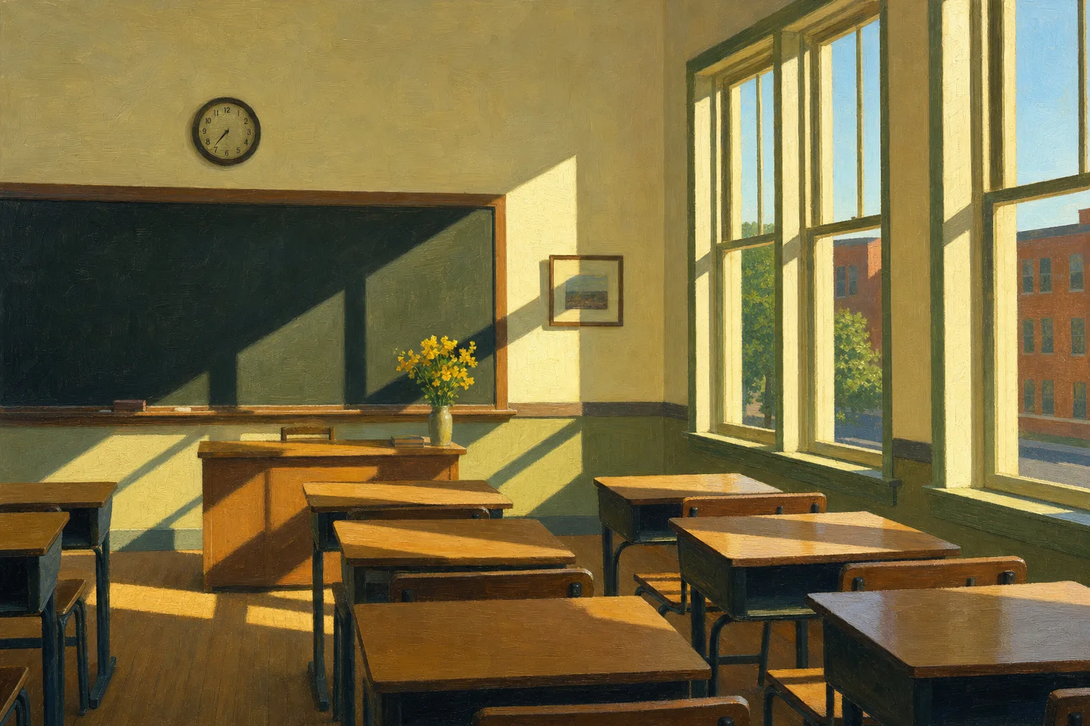 Painting in the style of Edward Hopper of an empty sunlit classroom with morning light streaming through tall windows