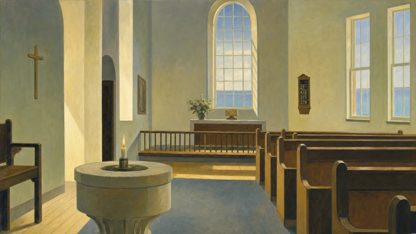 Painting in the style of Edward Hopper of a single candle burning on a stone baptismal font in a quiet church at dusk, its light shimmering across still water