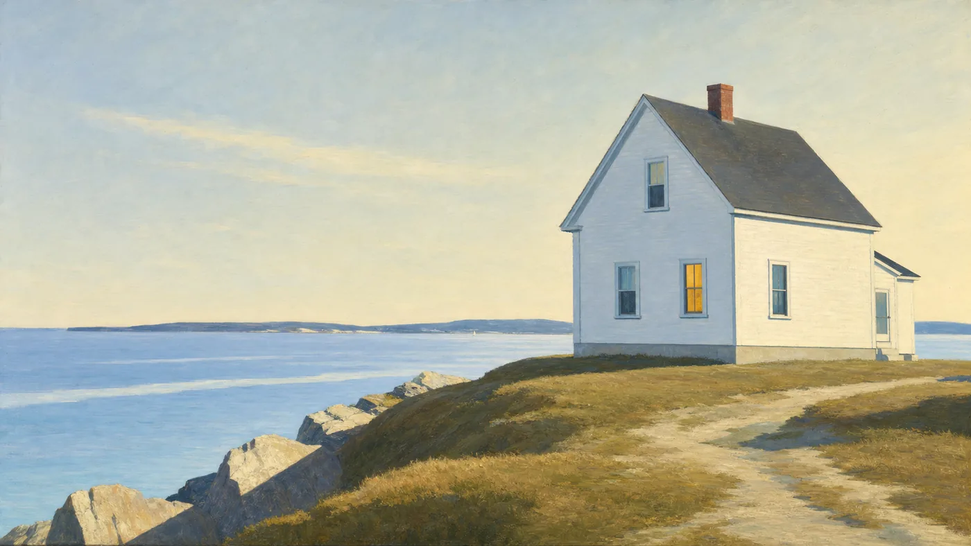 Painting in the style of Edward Hopper of a lone whitewashed cottage glowing on a dark Irish coastal headland at dusk