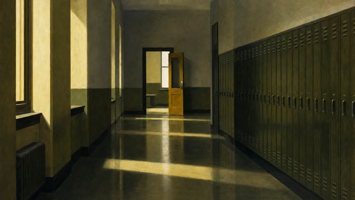 Painting in the style of Edward Hopper of an empty school hallway with long afternoon light and rows of lockers