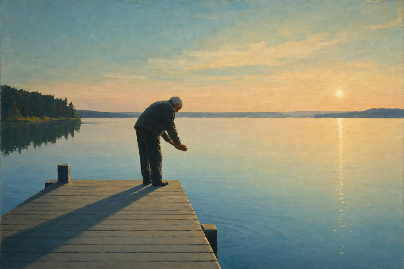 A solitary figure standing at the end of a wooden dock at twilight, cupping water &mdash; a painterly image evoking the novel&rsquo;s closing swim.