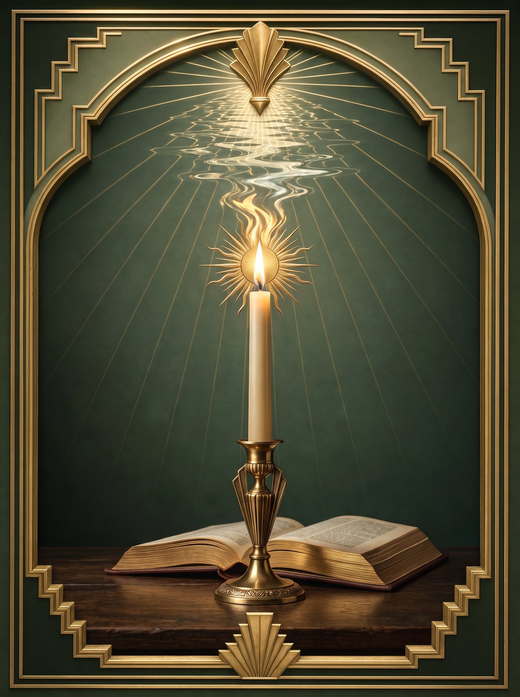 Art Deco still life: a lit taper candle beside an open leather-bound book, its flame dissolving upward into rippling water light, framed by a gilded Art Deco arch on a hunter-green ground.